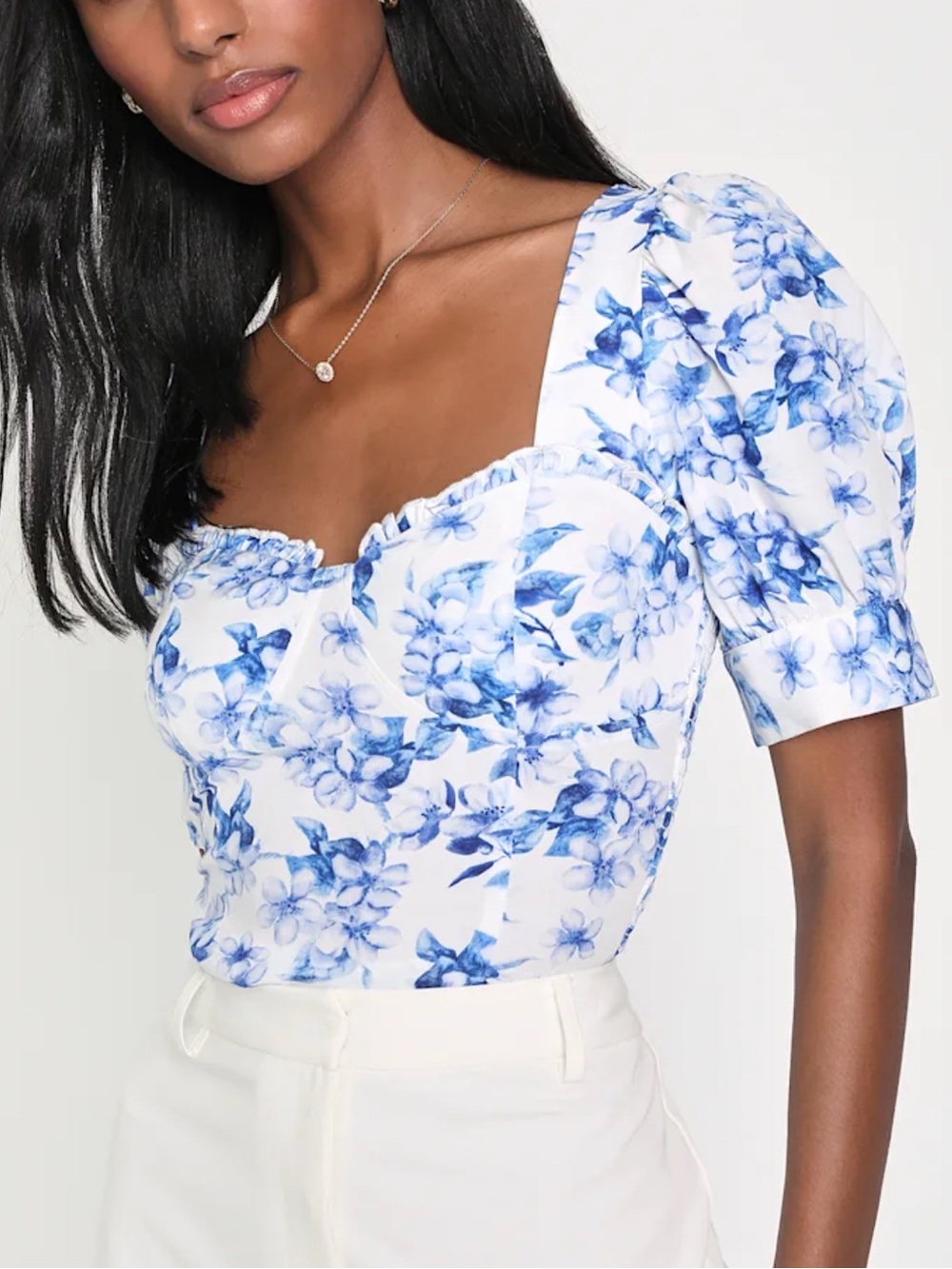 Lulu’s Always Amorous White Floral Print Bustier Puff Sleeve Crop Top NWT S